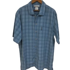 COLUMBIA Mens sz X Large Shirt Short Sleeve Pocket Plaid Light Blue
